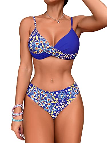 GORGLITTER Bikini Damen Set Push Up Bikini Mit Bügel Badeanzug Mit Blumen Wickel Bikini Set Zweiteiler Badeanzug Bademode Blau XL von GORGLITTER