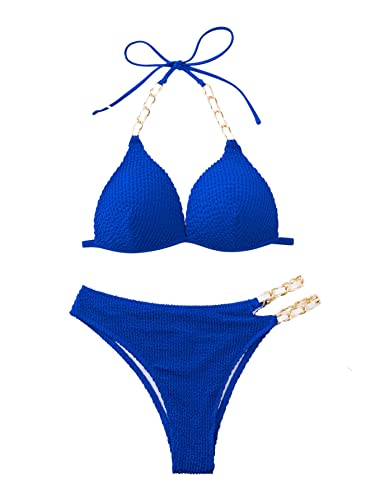 GORGLITTER Bikini Mit Bügel Damen Neckholder Bikini Set Triangel Bikini Mit Kette Cut Out Bikini Sexy Bademode Zweiteiliger Badeanzug Blau XL von GORGLITTER