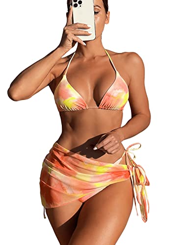 GORGLITTER Bikini Mit Rock Damen Set 3 Teilig Bikini Sets Sexy Neckholder Bikini Oberteil Bikini Bunt Batik Orange XL von GORGLITTER