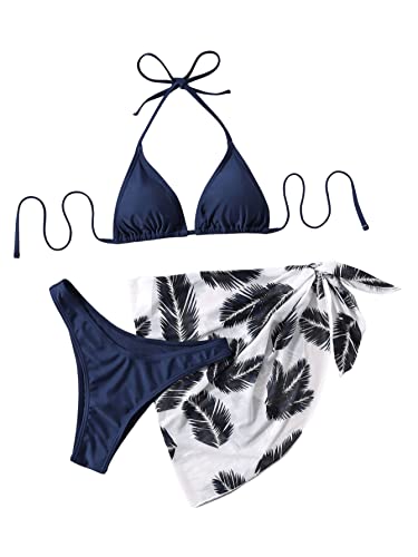 GORGLITTER Bikini Mit Rock Damen Set 3 Teilig Triangel Bikini Set Neckholder Badeanzug Bikini Mit Palme Marineblau XS von GORGLITTER