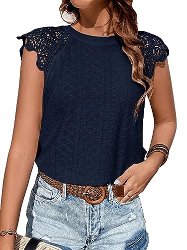 GORGLITTER Bluse Damen Elegant Sommer Bluse Mit Spitze Bluse Mit Schleife Öse Stickerei Bluse Spitzenbluse Top Marineblau XS von GORGLITTER