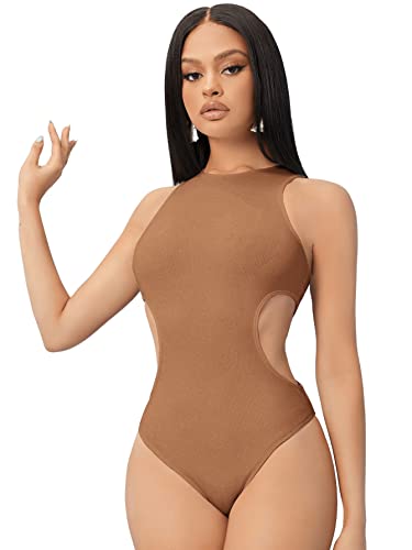 GORGLITTER Body Damen Cut Outs Bodysuit Einfarbig Oberteil Ohne Ärmel Slim Tankbody Rundhals Overall Braun XS von GORGLITTER