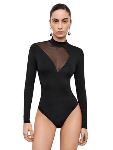 GORGLITTER Body Damen Langärmelig Bodysuit mit Mesh Oberteil T-shirt Body Schmaler Bodies mit Stehkragen Schwarz S von GORGLITTER