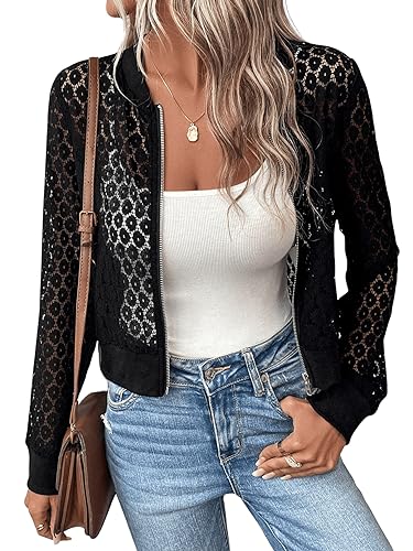 GORGLITTER Bomberjacke Damen Dünn Jacke Mit Reißverschluss Spitzenjacke Leichte Jacke Freizeitjacke Mit Spitze Schwarz XL von GORGLITTER