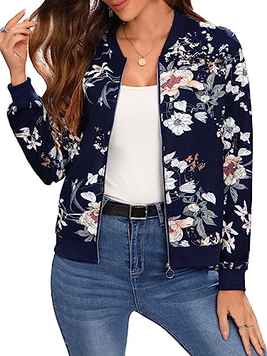 GORGLITTER Bomberjacke Mit Blumen Damen Casual Jacke Fliegerjacke Pilotenjacke Bomber Jacket Mit Reißverschluss Übergangsjacke Freizeitjacke Blau M von GORGLITTER