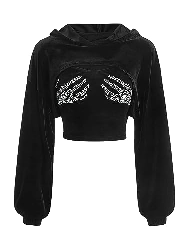 GORGLITTER Crop Hoodie Mit Top Damen Crop Top Oberteil Langarm Pullover Mit Kapuze Top Mit Strass Y2k Hoodie Mit Skelett Schwarz M von GORGLITTER