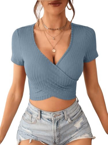 GORGLITTER Crop Shirt Damen Kurzarm Crop Top Bauchfreies Top Mit Ausschnitt Top Mit Kreuzgurt V Ausschnitt Sommer Oberteile Rippenstrick-Graublau XS von GORGLITTER