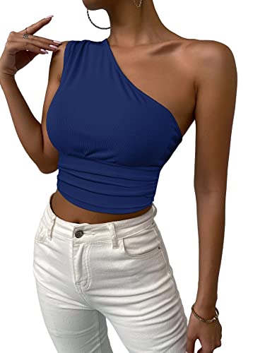 GORGLITTER Crop Top Damen Cropshirt Bauchfrei T-Shirts Einschulterfrei Sommershirt Ärmellos Casualshirt Marineblau S von GORGLITTER