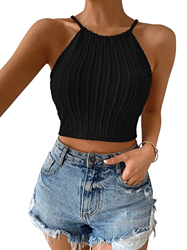 GORGLITTER Crop Top Mit Kreuzgurt Damen Bauchfreies Top Sommer Oberteile Sexy Rückenfrei Trägertop Geschnürtes Top Schwarz L von GORGLITTER