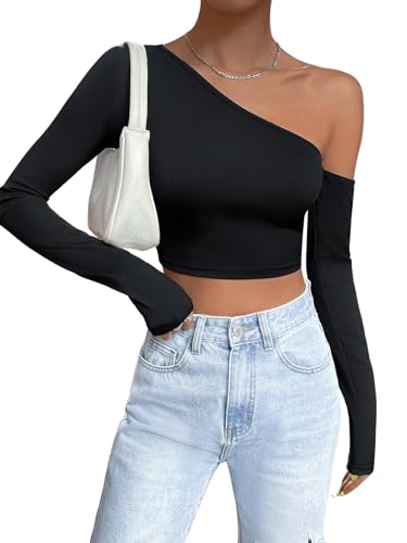 GORGLITTER Crop Tops Damen Langarm Sexy Oberteil Mit Ausschnitt Langarmshirt Bauchfrei Top Eine Schulterfrei Tshirt Schwarz S von GORGLITTER