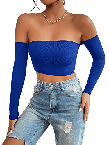 GORGLITTER Crop Tops Damen Y2k Schulterfreies Oberteil Eng Langarm Crop Top Sexy Bauchfrei Top Rückenfreie Tops Königsblau M von GORGLITTER