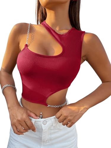 GORGLITTER Cut Out Oberteil Damen Sexy Crop Top Mit Ketten Y2k Crop Tops Rippenstrick Tshirt Asymmetrisches Crop Top Rot M von GORGLITTER