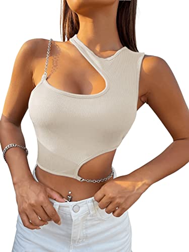 GORGLITTER Cut Out Oberteil Damen Sexy Crop Top Mit Ketten Y2k Rippenstrick Tshirt Asymmetrisches Aprikosenfarben S GORGLITTER Cut Out Oberteil Damen Sexy Crop Top Mit Ketten Y2k Rippenstrick Tshirt Asymmetrisches Aprikosenfarben S von GORGLITTER