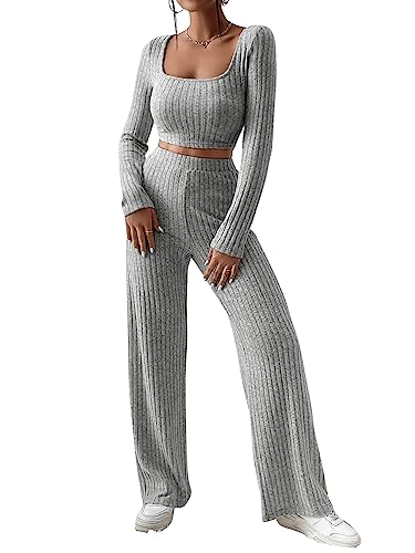 GORGLITTER Damen 2 Teilig Set Crop Langarmshirt und Hose Zweiteiliger Outfit Set Herbst Streetwear Tracksuit Breites Bein Pants Hellgrau S von GORGLITTER