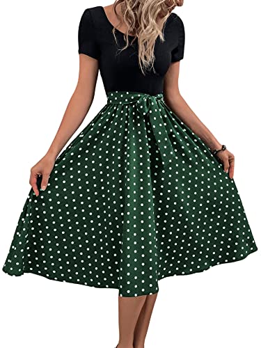 GORGLITTER Damen 2 in 1 T-Shirt Midikeider Polka Dots Freizeitkleid A Linie Sommerkleid Kurzarm Skaterkleid mit Gürtel Schwarz und Grün M von GORGLITTER