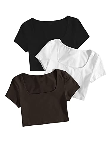 GORGLITTER Damen 3 Packe Bauchfrei T-Shirts U-Ausschnitt Crop Top Kurze Oberteile Basic Kurzarmshirts Schwarz, Weiß, Khaki M von GORGLITTER