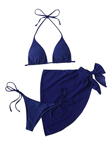 GORGLITTER Damen 3-teilige Bikini Set mit Strandrock Badeanzuge Dreieckiger Bikini Tanga Badedrock Swimsuit Set mit Knoten Blau S von GORGLITTER