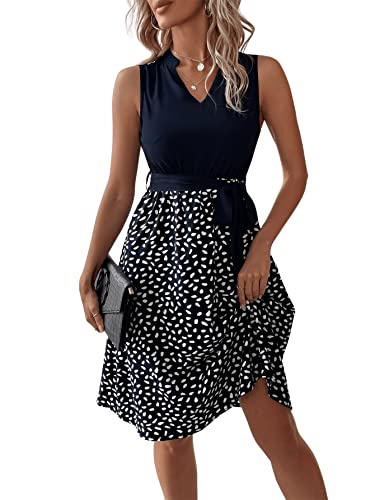 GORGLITTER Damen Ärmellos Freizeitkleid A-Linie Knielang Sommerkleid Dalmatiner Muster Midikleid mit Gürtel Marineblau S von GORGLITTER