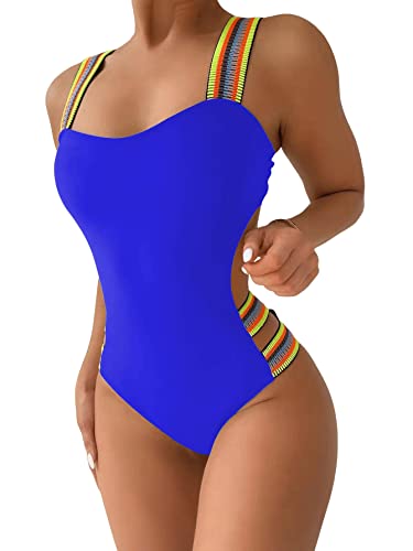 GORGLITTER Damen Badeanzug Cut-Out One Piece Swimwear Bügellos Gestreift Träger Einteilige Bademode mit Band Königsblau L von GORGLITTER