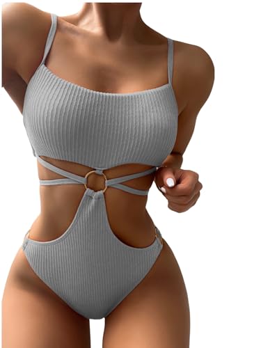 GORGLITTER Damen Badeanzug Cut-Out One Piece Swimwear Bügellos Spaghettiträger Einteilige Bademode mit Ring Hellgrau S von GORGLITTER