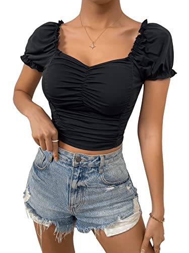 GORGLITTER Damen Bauchfrei Oberteil Crop T-Shirt Herzausschnitt Tops Kurzarmshirt mit Puffärmeln Schwarz M von GORGLITTER