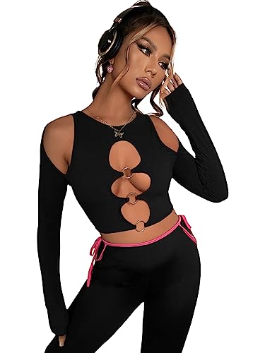 GORGLITTER Damen Bauchfrei Oberteil Cut Outs Crop Top Langarm T-Shirt Cropped Pullover Rundkragen Tops Herbstshirts mit O-Ring Schwarz XS von GORGLITTER