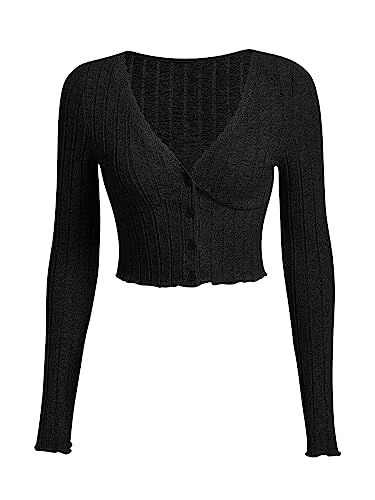 GORGLITTER Langarmshirt Damen Bauchfrei Oberteil Crop Leicht Cardigan Langarm T-Shirt mit Spitzen V-Ausschnitt Schwarz XS von GORGLITTER