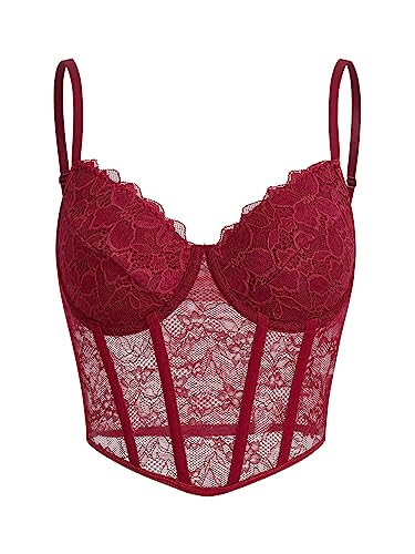 GORGLITTER Damen Bauchfreies Top Spitzen Crop Tops Spitzentop Asymmetrisch Bralettes Spaghettiträger Cropped Oberteil Bordeaux M von GORGLITTER