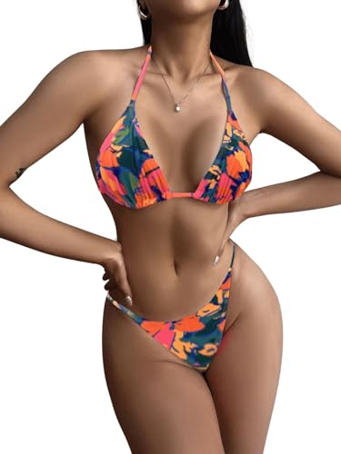 GORGLITTER Damen Bikini Mit Blumen Triangel Bikini Set Bunt Neckholder Bikini Zweiteiliger Badeanzug Bademode Grün und Rot L von GORGLITTER