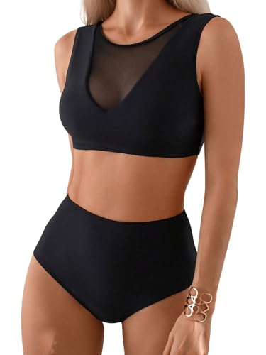 GORGLITTER Damen Bikini Sets mit Mesh Bikinitop Tanga High Waist Bademode Sport Zweiteiliger Swimsuits Tankini Schwarz S von GORGLITTER