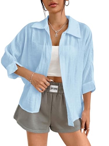 GORGLITTER Damen Bluse Sommer Hemdblusen 3/4 Arm Damenblusen Cardigan Blusen Locker Sommerblusen mit Knöpfen vorn Lässig Fledermaus Oberteile Hellblau XS GORGLITTER Damen Bluse Sommer Hemdblusen 3/4 Arm Damenblusen Cardigan Blusen Locker Sommerblusen mit Knöpfen vorn Lässig Fledermaus Oberteile Hellblau XS von GORGLITTER