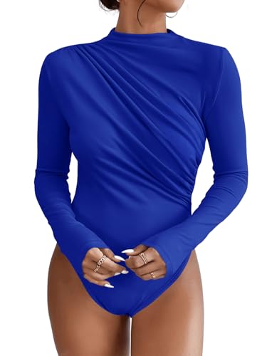 GORGLITTER Damen Body Elegant Langarm Bodysuit mit Rollkragen Rüschen Oberteil Sexy Top Body Königsblau M von GORGLITTER