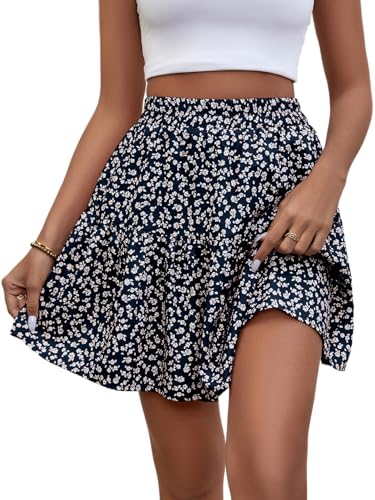 GORGLITTER Damen Boho Rock Geblümt Sommerkleid Rockabilly Kurz Röcke Strandrock Casual Shortrock Minirock Dunkelblau L von GORGLITTER