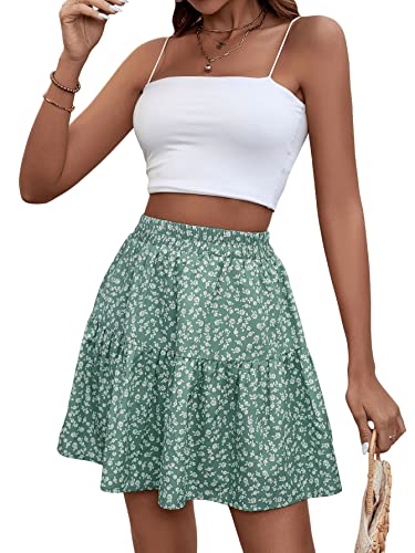 GORGLITTER Damen Boho Rock Geblümt Sommerkleid Rockabilly Kurz Röcke Strandrock Casual Shortrock Minirock Grün und Weiß L von GORGLITTER