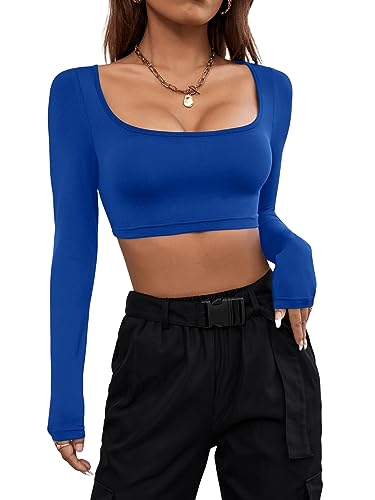 GORGLITTER Damen Crop Langarmshirt U-Ausschnitt Bauchfreies Oberteil Cropped T-Shirts Crop Tops Königsblau M von GORGLITTER