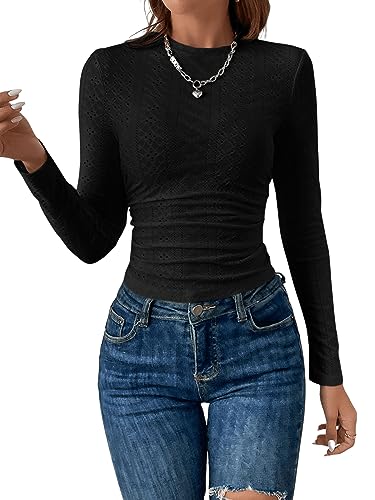 GORGLITTER Damen Crop T-Shirt Langarm Oberteile Öse Stickerei Herbst Langarmshirt Pullover Cropped Tops mit Rundhals Schwarz XS von GORGLITTER