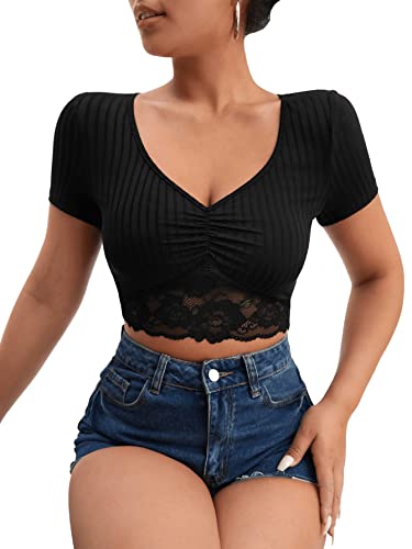 GORGLITTER Crop Tops Damen Bauchfreie Oberteile mit Spitzen T-Shirts Sommer T Shirt Kurzarm Casualshirt Sommershirt Schwarz M von GORGLITTER