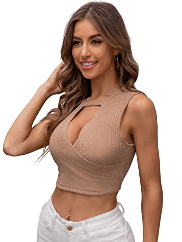 GORGLITTER Damen Crop Tank Top Bauchfrei Oberteil Cut Outs Croptop Wickel Sommershirt Ohne Ärmel Sommertop Aprikosenfarben M von GORGLITTER