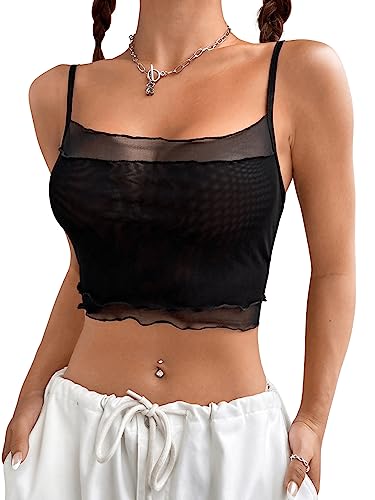 GORGLITTER Damen Crop Top Spaghettiträger Shirt Bauchfrei Oberteil Durchsichtig Mesh Camisole mit Wellensaum Schwarz L von GORGLITTER