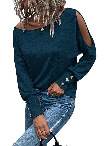 GORGLITTER Cut Outs Oberteil Damen Elegant T-Shirt Langarm Frühling Shirts Casualshirt mit Asymmetrischer Ausschnitt Marineblau S von GORGLITTER