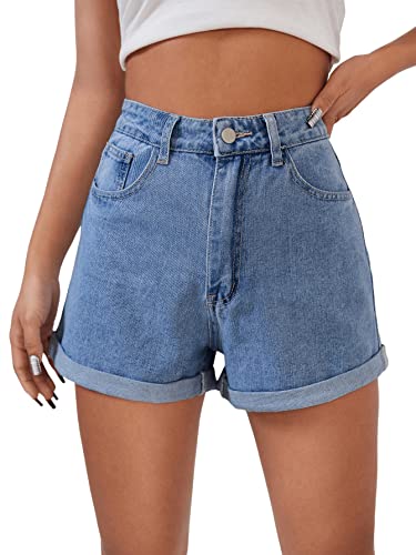 GORGLITTER Damen Denim Shorts Jeansshorts Basic Jeans Kurze Hosen High Waist Kurze Hose Hotpants Shorts mit Taschen Blau L von GORGLITTER