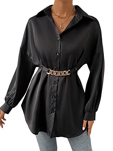 GORGLITTER Damen Drop Shoulder Bluse Button-down Langarm Blusenshirt Lang Hemdbluse Casaul Oberteil mit Gürtel Schwarz M von GORGLITTER