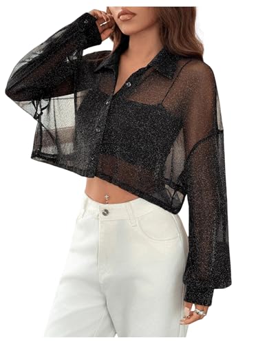GORGLITTER Damen Durchsichtige Bluse Glitzert Blouson Drop Shoulder Cardigan Crop Blusen Casaul Shirt Hemdbluse Leichte Sommerjacke Schwarz S GORGLITTER Damen Durchsichtige Bluse Glitzert Blouson Drop Shoulder Cardigan Crop Blusen Casaul Shirt Hemdbluse Leichte Sommerjacke Schwarz S von GORGLITTER