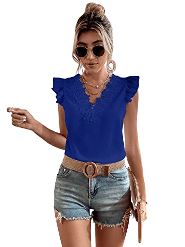 GORGLITTER Damen Elegant Bluse mit Spitzen Oberteil Ärmerllos Tunika Sommer Tops Office Oberteile Blusen V-Ausschnitt Blau S von GORGLITTER