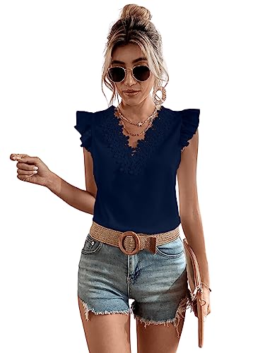 GORGLITTER Damen Elegant Bluse mit Spitzen Oberteil Ärmerllos Tunika Sommer Tops Office Oberteile Blusen V-Ausschnitt Marineblau M von GORGLITTER