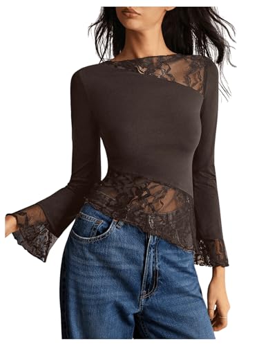 GORGLITTER Damen Elegant Oberteil Ausgestellter Ärmel Langarm Tshirt Asymmetrisch Langarmshirt Herbstmode mit Spitzen Kaffeebraun L GORGLITTER Damen Elegant Oberteil Ausgestellter Ärmel Langarm Tshirt Asymmetrisch Langarmshirt Herbstmode mit Spitzen Kaffeebraun L von GORGLITTER