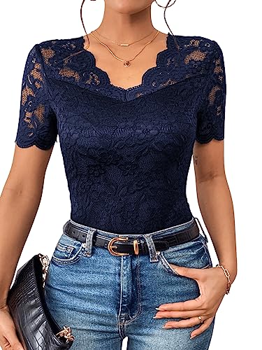 GORGLITTER Damen Elegant Spitzen T-Shirt V-Ausschnitt Oberteil Slim Fit Tops Kurzarmshirt mit Muscheln Marineblau M von GORGLITTER