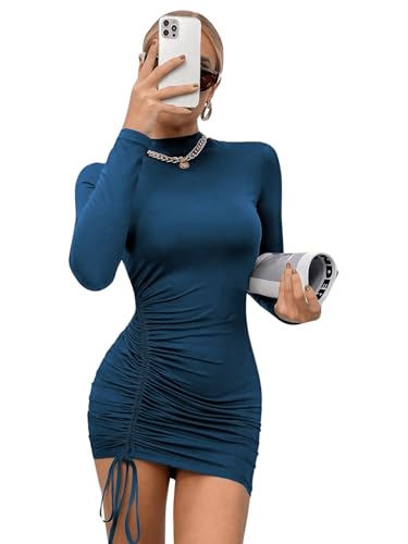 GORGLITTER Damen Figurbetontes Kleid Stehkragen Bodycon Minikleid Langarm Herbstkleid Bleistiftkleider mit Schnürzug Blau L von GORGLITTER