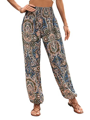 GORGLITTER Damen Hippie Haremshose Capri Thai Hose Leichte Dünn Boho Ethno Blumenmuster Muster Strand Sommerhose Yogahosen Graublau XL von GORGLITTER