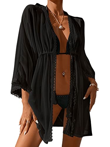 GORGLITTER Damen Kimono Strand Cardigan Strandkleid Loose Kurz Boho Bikini Cover Up Oversized Mode Leichte Beachwear Strandponcho mit Spitzen Schwarz L von GORGLITTER